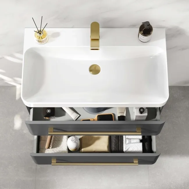 Omaha Slate Grey Wall Hung Basin Drawer Vanity 800mm - Brushed Brass Accents