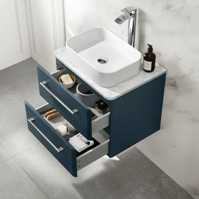 Omaha Navy Blue Wall Hung Drawer Vanity with Marble Top & Marin Basin 600mm