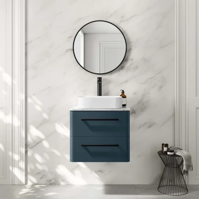 Omaha Navy Blue Wall Hung Drawer Vanity with Marble Top & Marin Basin 600mm - Black Accents