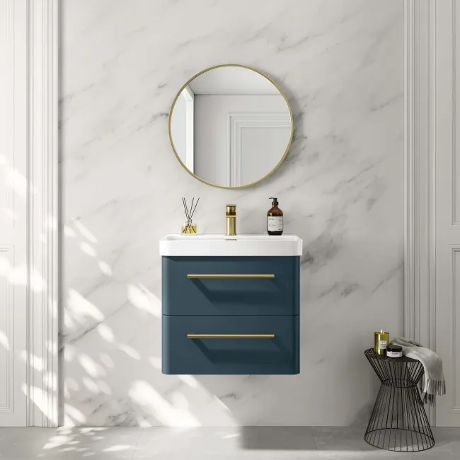 Omaha Navy Blue Wall Hung Basin Drawer Vanity 600mm - Brushed Brass Accents