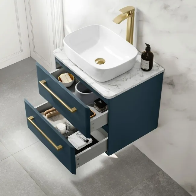 Omaha Navy Blue Wall Hung Drawer Vanity with Marble Top & Curved Counter Top Basin 600mm - Brushed Brass Accents