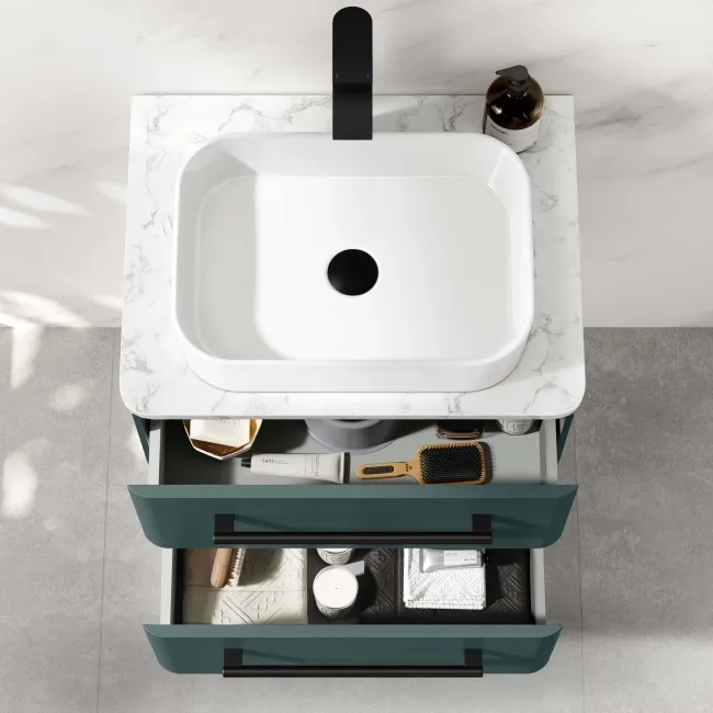 Omaha Mystic Green Wall Hung Drawer Vanity with Marble Top & Marin Basin 600mm - Black Accents