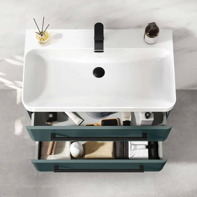 Omaha Mystic Green Wall Hung Basin Drawer Vanity 800mm - Black Accents