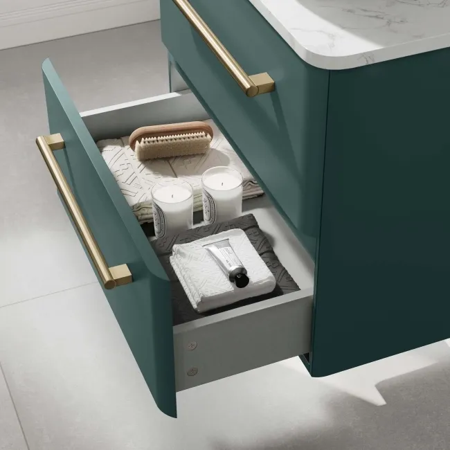 Omaha Mystic Green Wall Hung Drawer Vanity with Marble Top 600mm (Excludes Counter Top Basin) - Brushed Brass Accents