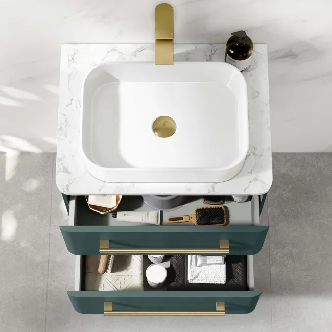 Omaha Mystic Green Wall Hung Drawer Vanity with Marble Top & Marin Basin 600mm - Brushed Brass Accents