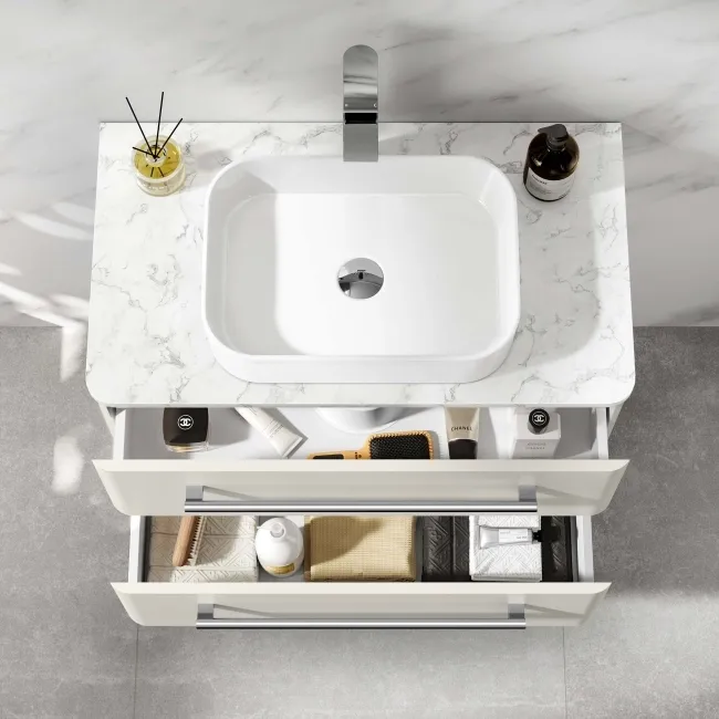 Omaha Linen White Wall Hung Drawer Vanity with Marble Top & Marin Basin 800mm