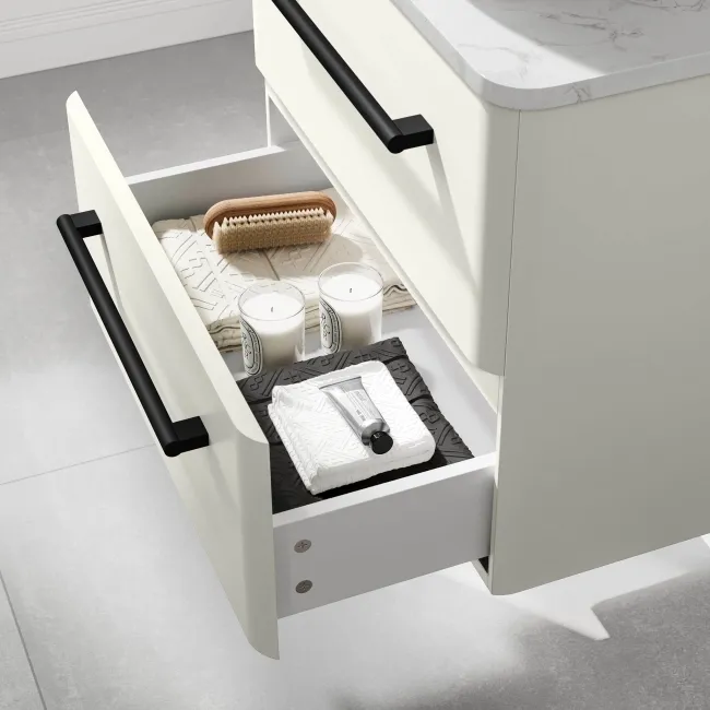 Omaha Linen White Wall Hung Drawer Vanity with Marble Top 600mm (Excludes Counter Top Basin) - Black Accents