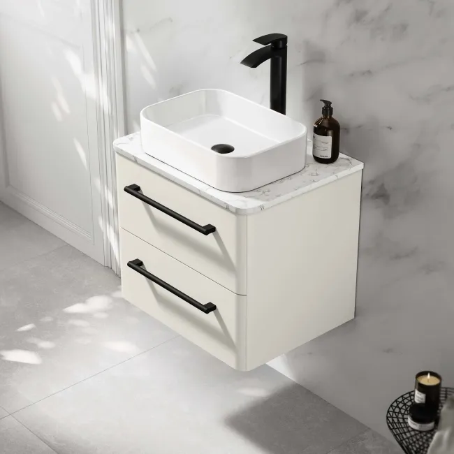 Omaha Linen White Wall Hung Drawer Vanity with Marble Top & Marin Basin 600mm - Black Accents
