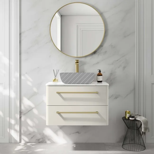 Omaha Linen White Wall Hung Drawer Vanity with Marble Top 800mm (Excludes Counter Top Basin) - Brushed Brass Accents