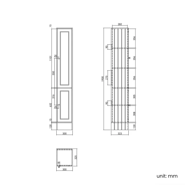 Monaco Chalk White Floor Standing Tall Cabinet Unit 300mm