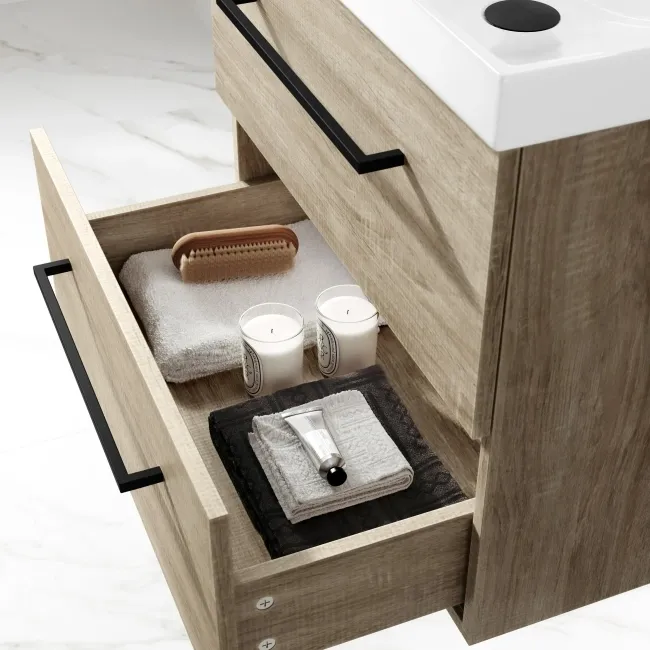 Elba Dawn Oak Wall Hung Basin Drawer Vanity 600mm - Black Accents