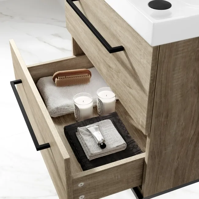 Elba Dawn Oak Wall Hung Basin Drawer Vanity 600mm with Matt Black Stand