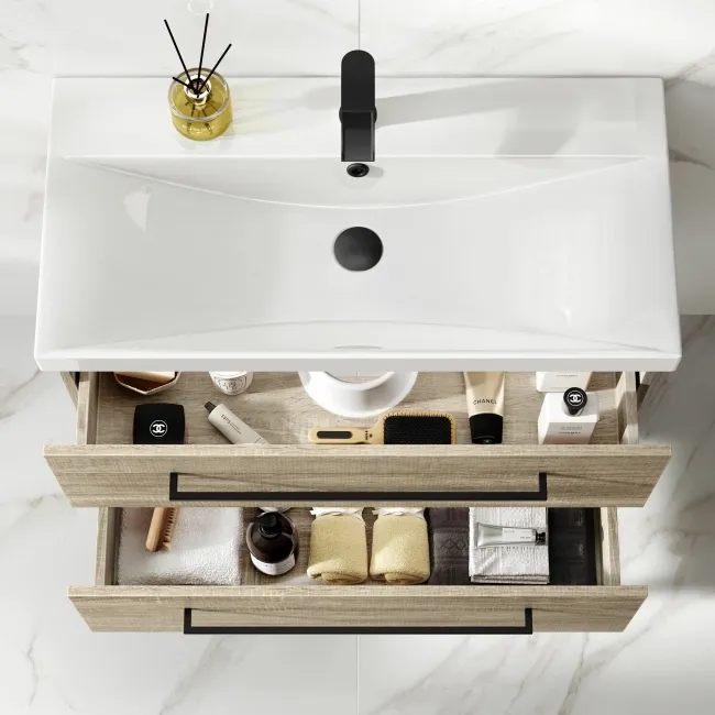 Elba Dawn Oak Wall Hung Basin Drawer Vanity 800mm with Matt Black Stand