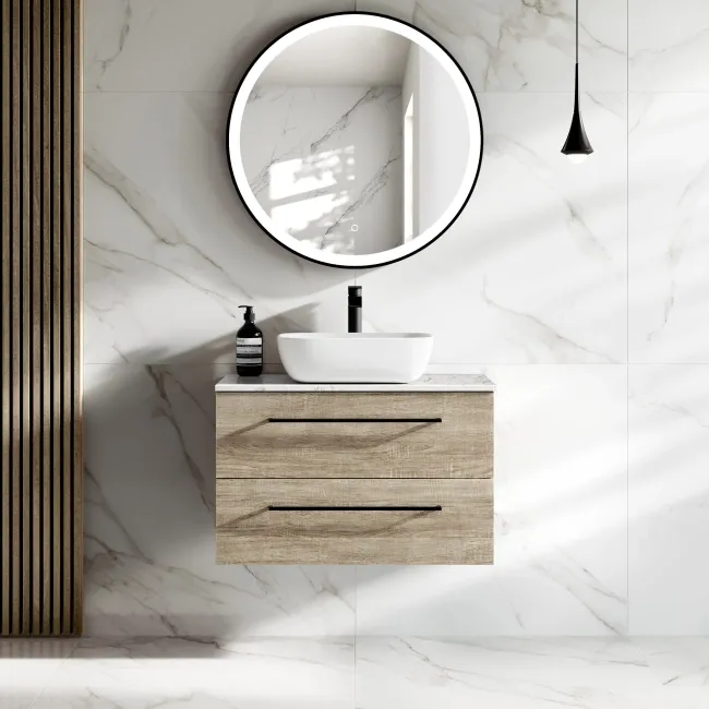 Elba Dawn Oak Wall Hung Drawer Vanity with Marble Top & Curved Counter Top Basin 800mm - Black Accents