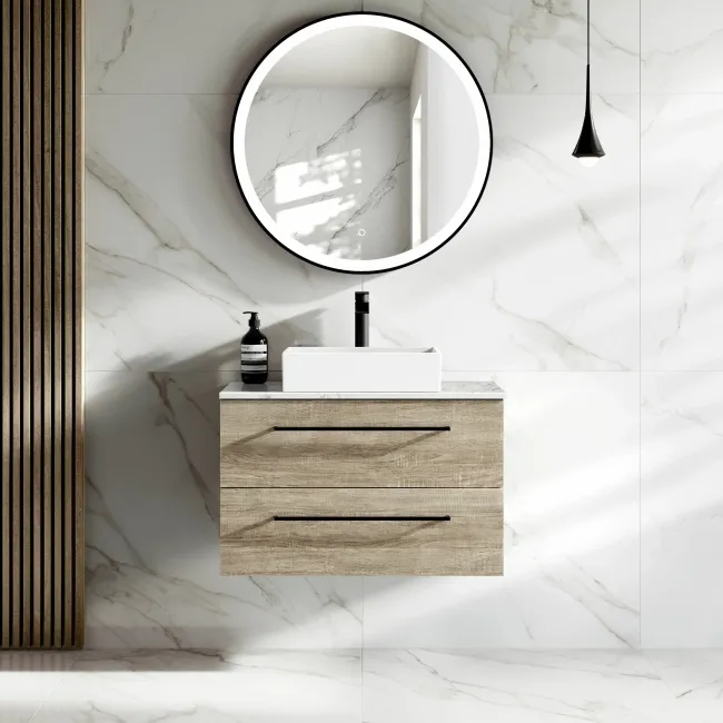 Elba Dawn Oak Wall Hung Drawer Vanity with Marble Top & Cody Basin 800mm - Black Accents