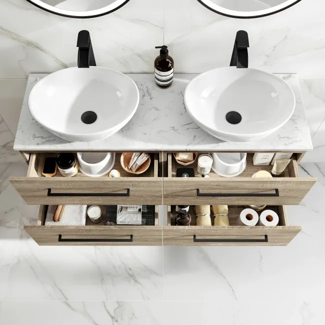 Elba Dawn Oak Double Wall Hung Drawer Vanity with Marble Top & Oval Basin 1200mm - Black Accents