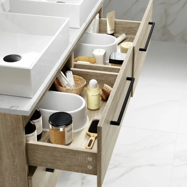 Elba Dawn Oak Double Wall Hung Drawer Vanity with Marble Top & Cody Basin 1200mm - Black Accents