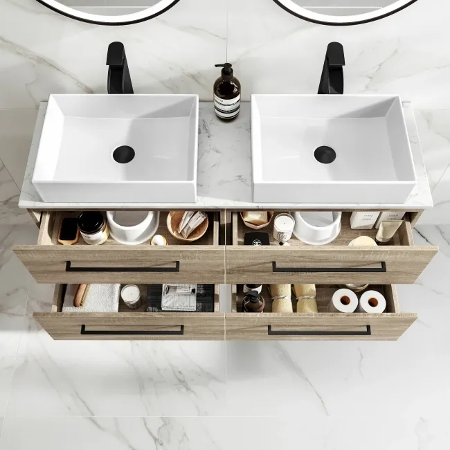 Elba Dawn Oak Double Wall Hung Drawer Vanity with Marble Top & Cody Basin 1200mm - Black Accents