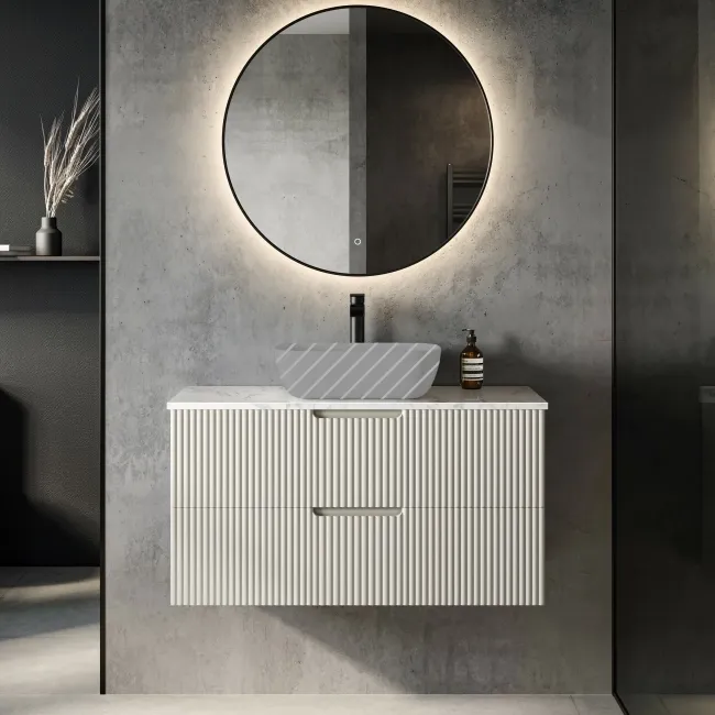 Crete Fluted Linen White Wall Hung Drawer Vanity with Marble Top 1000mm - Excludes Counter Top Basin