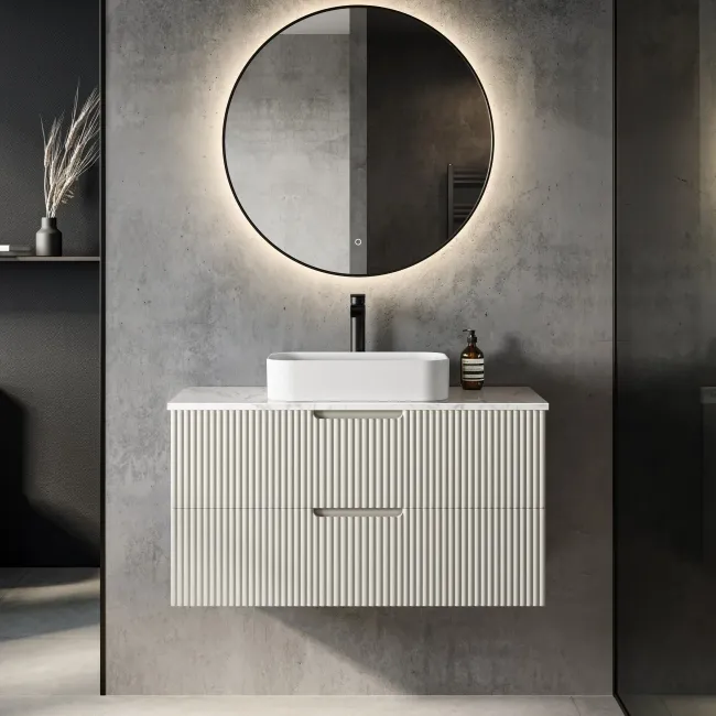 Crete Fluted Linen White Wall Hung Drawer Vanity with Marble Top & Marin Basin 1000mm