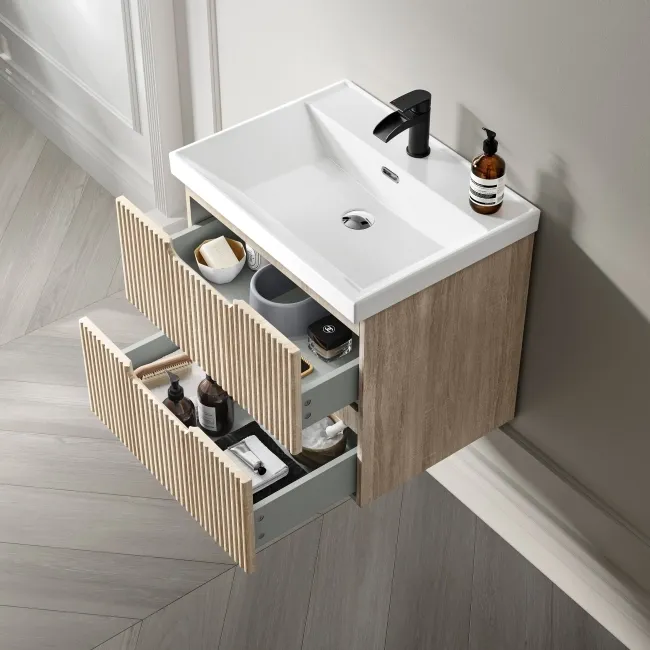 Crete Fluted Apex Oak Wall Hung Basin Drawer Vanity 600mm