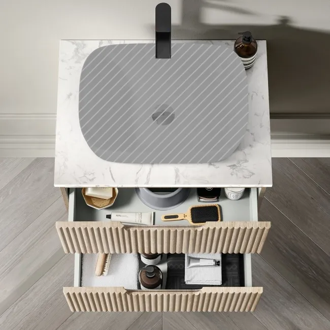 Crete Fluted Apex Oak Wall Hung Drawer Vanity with Marble Top 600mm - Excludes Counter Top Basin