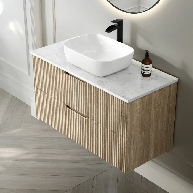 Crete Fluted Apex Oak Wall Hung Drawer Vanity with Marble Top & Curved Basin 1000mm