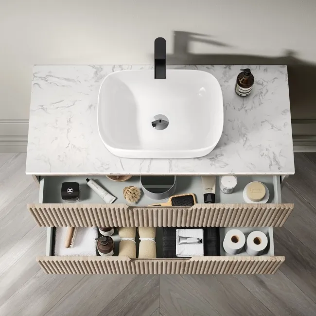 Crete Fluted Apex Oak Wall Hung Drawer Vanity with Marble Top & Curved Basin 1000mm