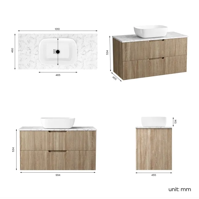 Crete Fluted Apex Oak Wall Hung Drawer Vanity with Marble Top & Curved Basin 1000mm