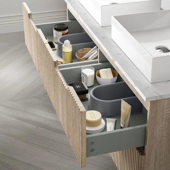 Crete Fluted Apex Oak Double Wall Hung Drawer Vanity with Marble Top & Cody Basin 1200mm