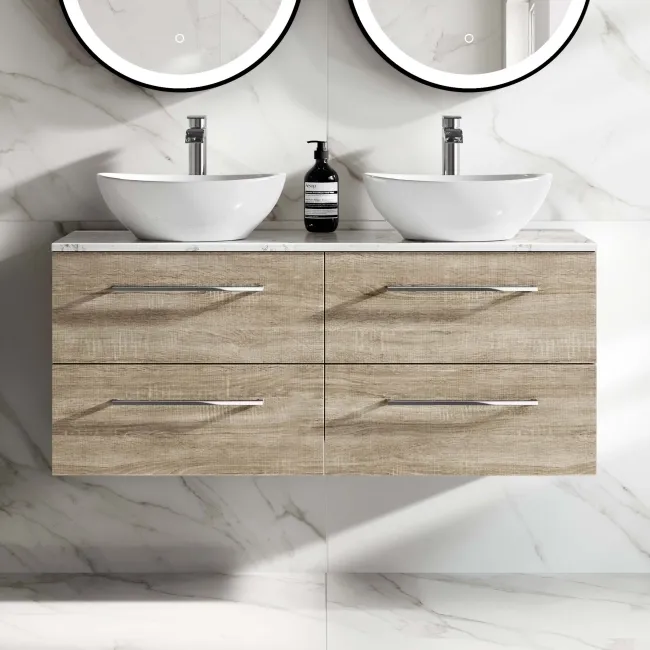 Elba Dawn Oak Double Wall Hung Drawer Vanity with Marble Top & Oval Basin 1200mm