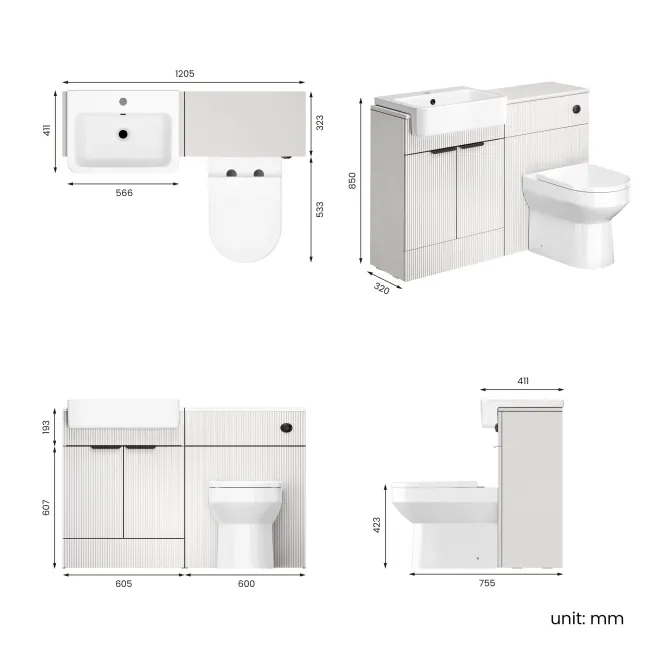 Sicily Fluted Coastal White Combination Vanity Basin and Miami Toilet 1200mm - Black Accents