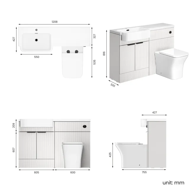 Sicily Fluted Coastal White Combination Vanity Basin and Houston Toilet 1200mm - Black Accents - Left Handed