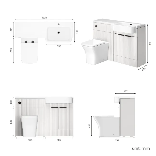 Sicily Fluted Coastal White Combination Vanity Basin and Houston Toilet 1200mm - Black Accents - Right Handed