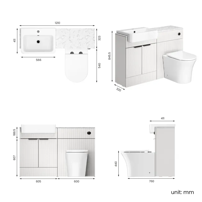 Sicily Fluted Coastal White Combination Vanity Basin with Marble Top & Tucson Toilet 1200mm - Black Accents