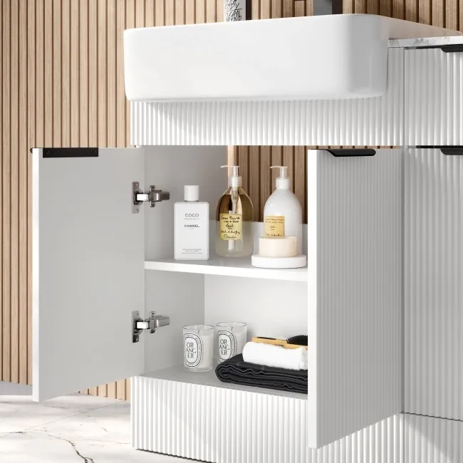 Sicily Fluted Coastal White Combination Vanity Basin with Marble Top & Houston Toilet 1500mm - Black Accents