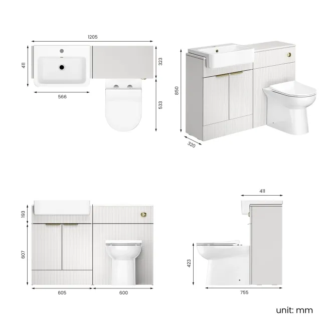 Sicily Fluted Coastal White Combination Vanity Basin and Aruba Toilet 1200mm - Brushed Brass Accents