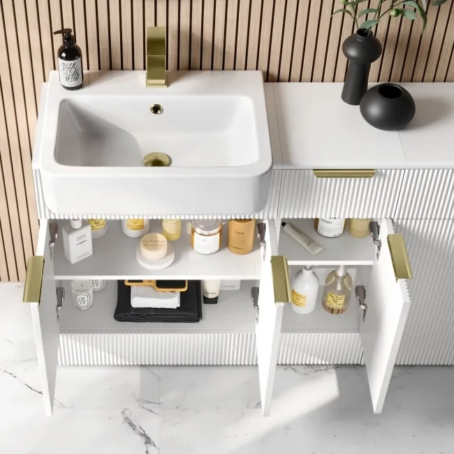 Sicily Fluted Coastal White Combination Vanity Basin 1500mm (Excludes Toilet) - Brushed Brass Accents