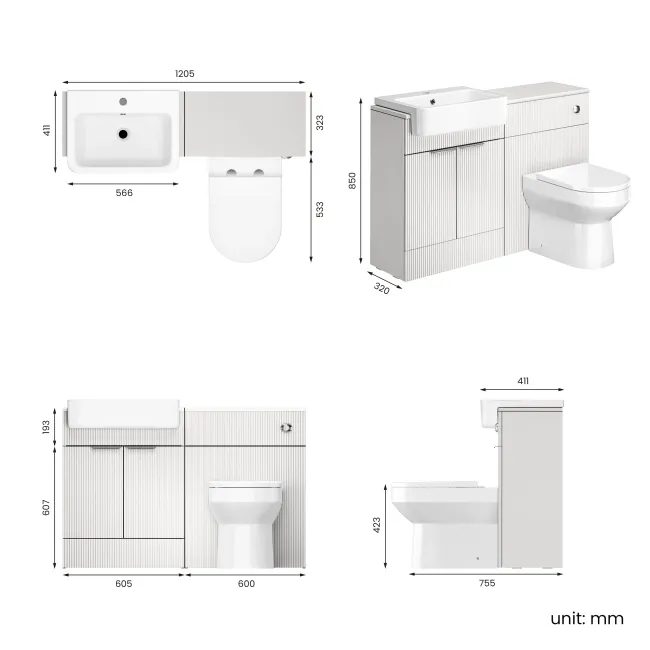 Sicily Fluted Coastal White Combination Vanity Basin and Miami Toilet 1200mm - Chrome Handles