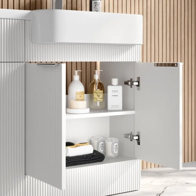 Sicily Fluted Coastal White Basin Vanity and Back To Wall Toilet Unit 1200mm (Excludes Toilet) - Chrome Handles- Right Handed