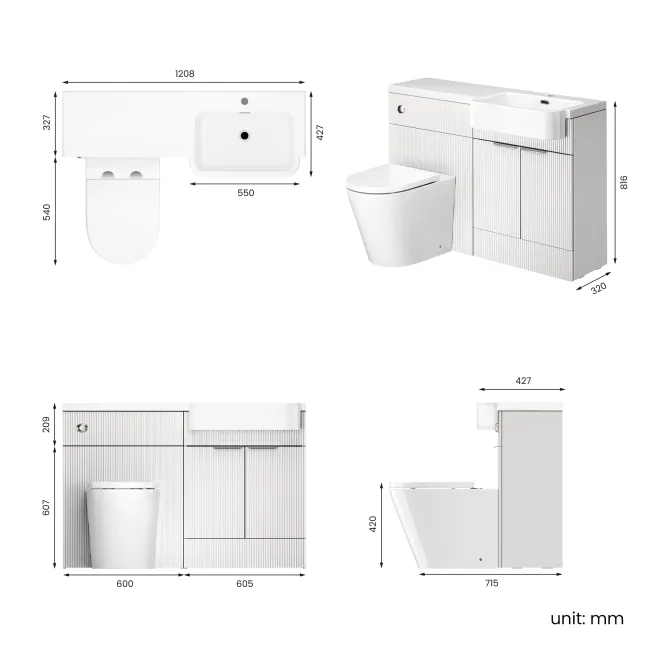Sicily Fluted Coastal White Combination Vanity Basin and Boston Toilet 1200mm - Chrome Handles- Right Handed