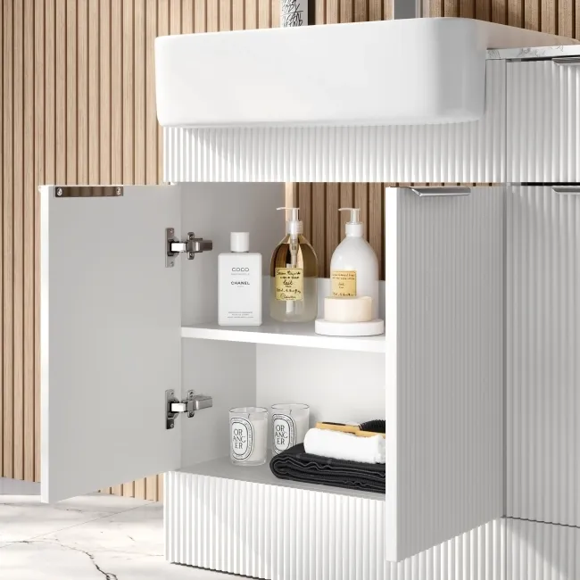 Sicily Fluted Coastal White Combination Vanity Basin with Marble Top & Tucson Toilet 1500mm - Chrome Handles