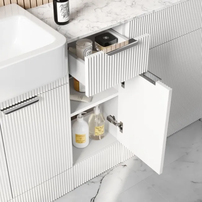 Sicily Fluted Coastal White Combination Vanity Basin with Marble Top & Boston Toilet 1500mm - Chrome Handles