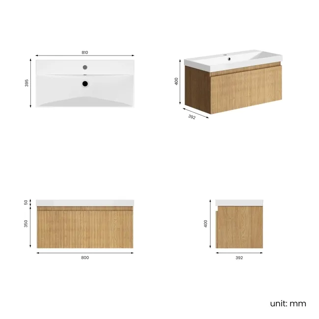 Malta Fluted Country Oak Wall Hung Basin Drawer Vanity 800mm