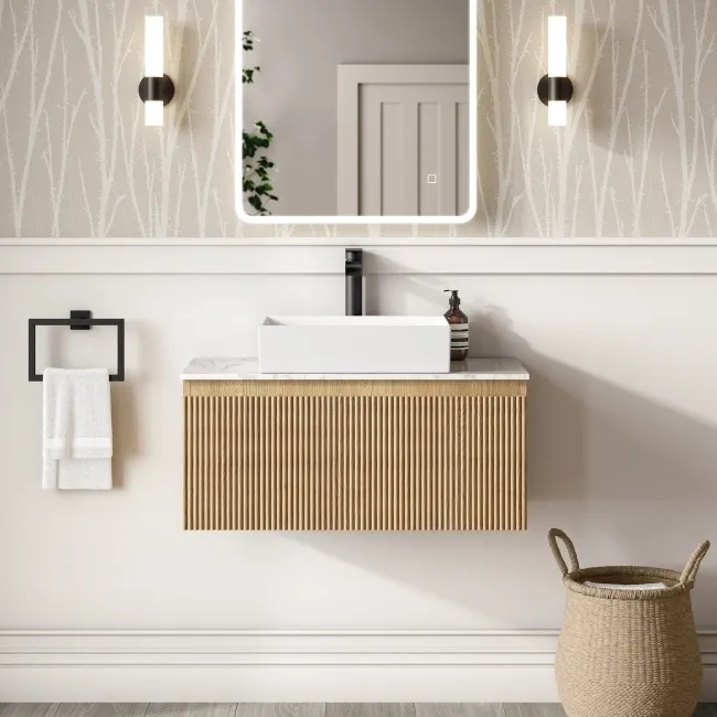 Malta Fluted Country Oak Wall Hung Drawer Vanity with Marble Top & Cody Basin 800mm
