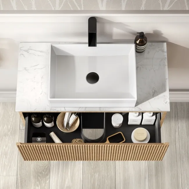 Malta Fluted Country Oak Wall Hung Drawer Vanity with Marble Top & Cody Basin 800mm