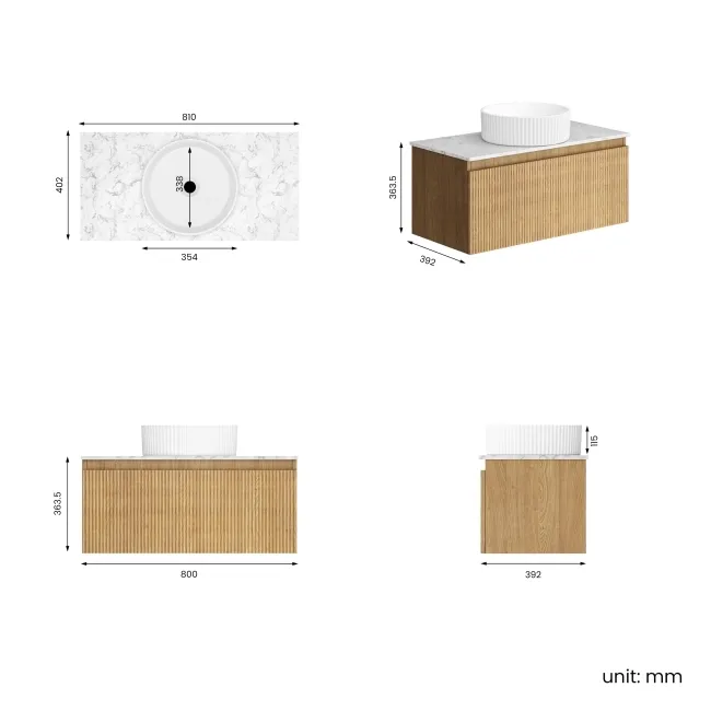 Malta Fluted Country Oak Wall Hung Drawer Vanity with Marble Top & Nevis Basin 800mm