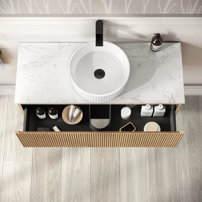 Malta Fluted Country Oak Wall Hung Drawer Vanity with Marble Top & Nevis Basin 1000mm