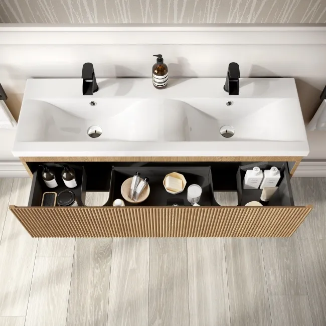 Malta Fluted Country Oak Wall Hung Double Basin Drawer Vanity 1200mm