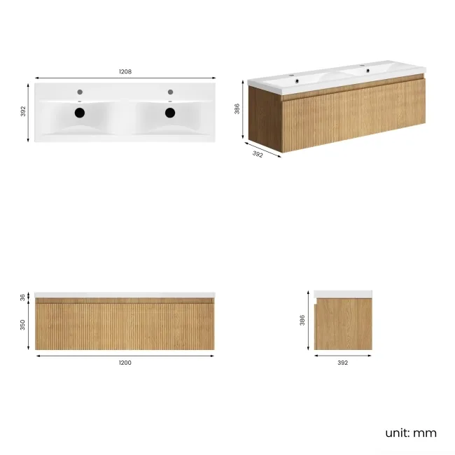 Malta Fluted Country Oak Wall Hung Double Basin Drawer Vanity 1200mm